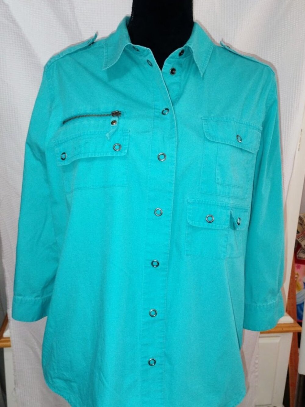 Chico's Turquoise Cotton Utility Cargo Snap-Front Shirt - Size 2 (Large / 12)